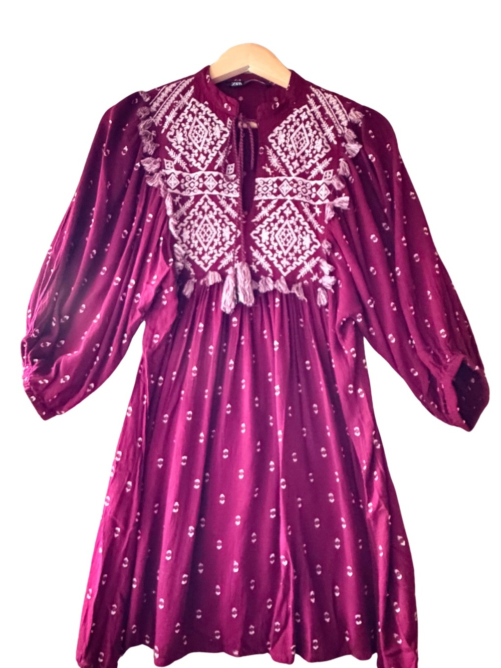 Zara Burgundy Boho Embroidered Tassel Dress | Embroidered Mini Dress | Long Slee